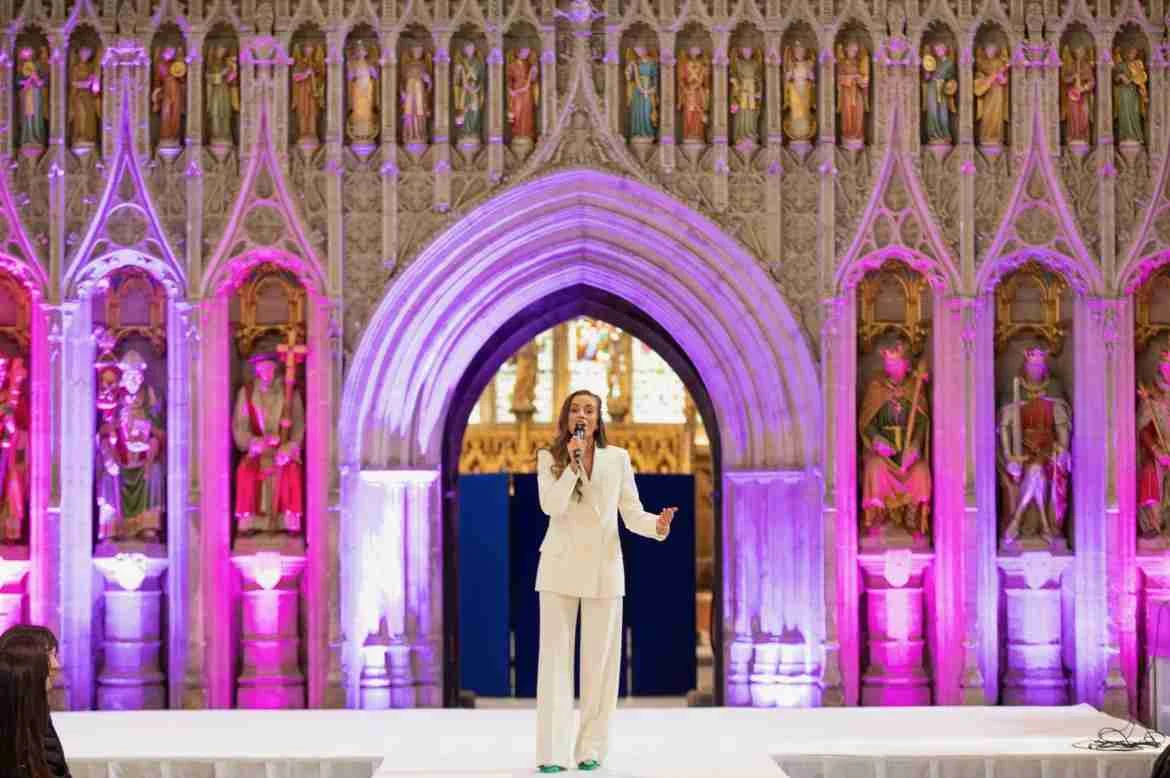 Sally Hall on stage at Ripon Cathedral